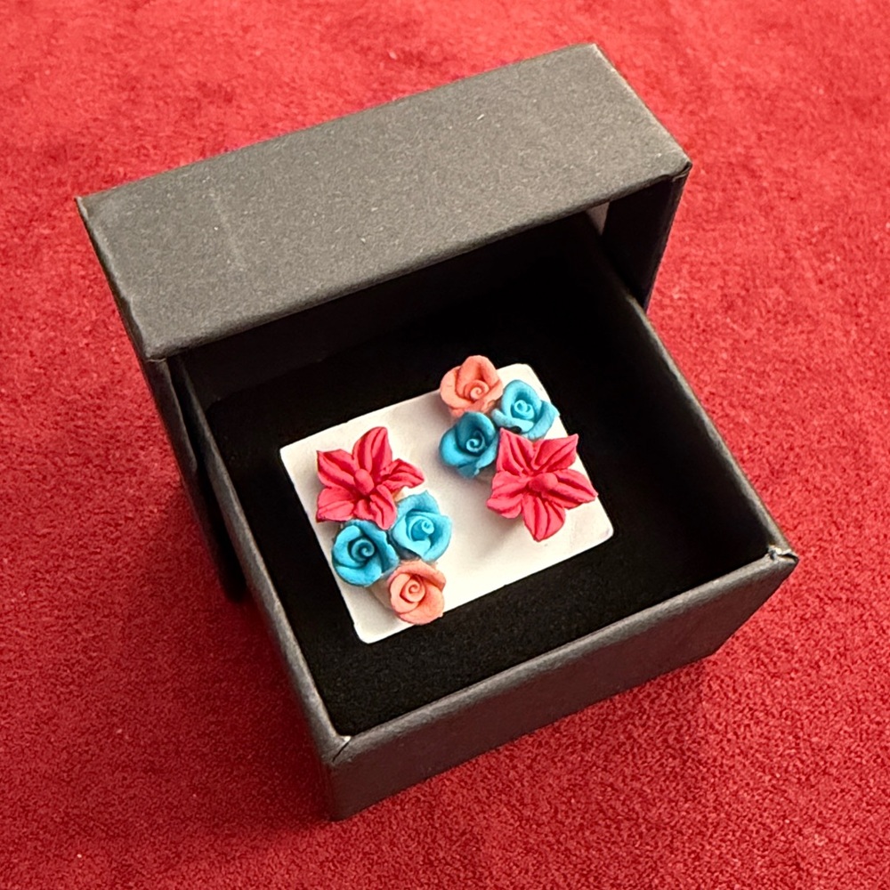 Hot Pink, Peach & Blue Flower Stud Earrings (New/Unused)